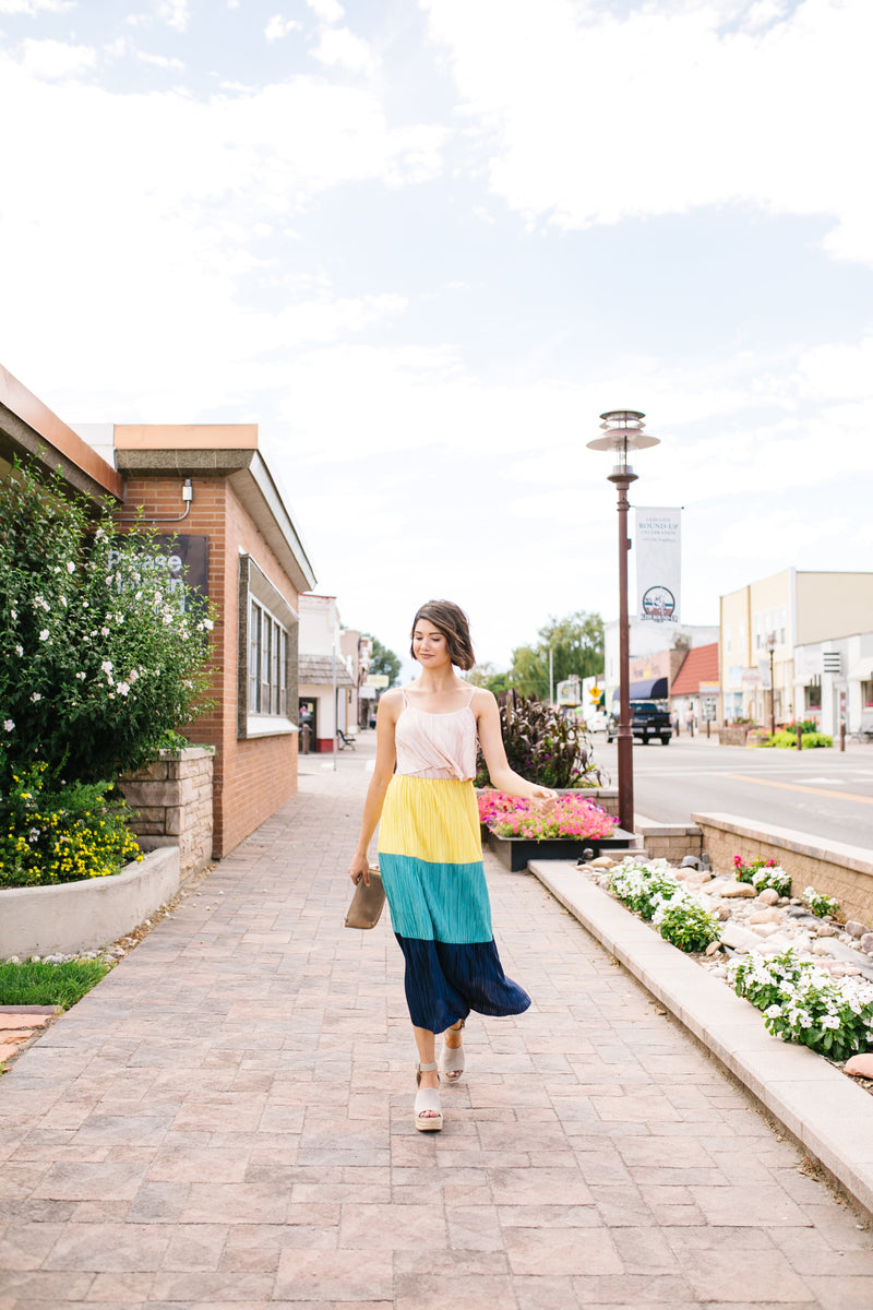 Pleated Color Block Midi Dress