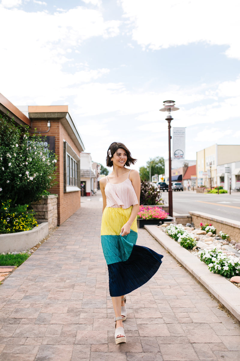 Pleated Color Block Midi Dress