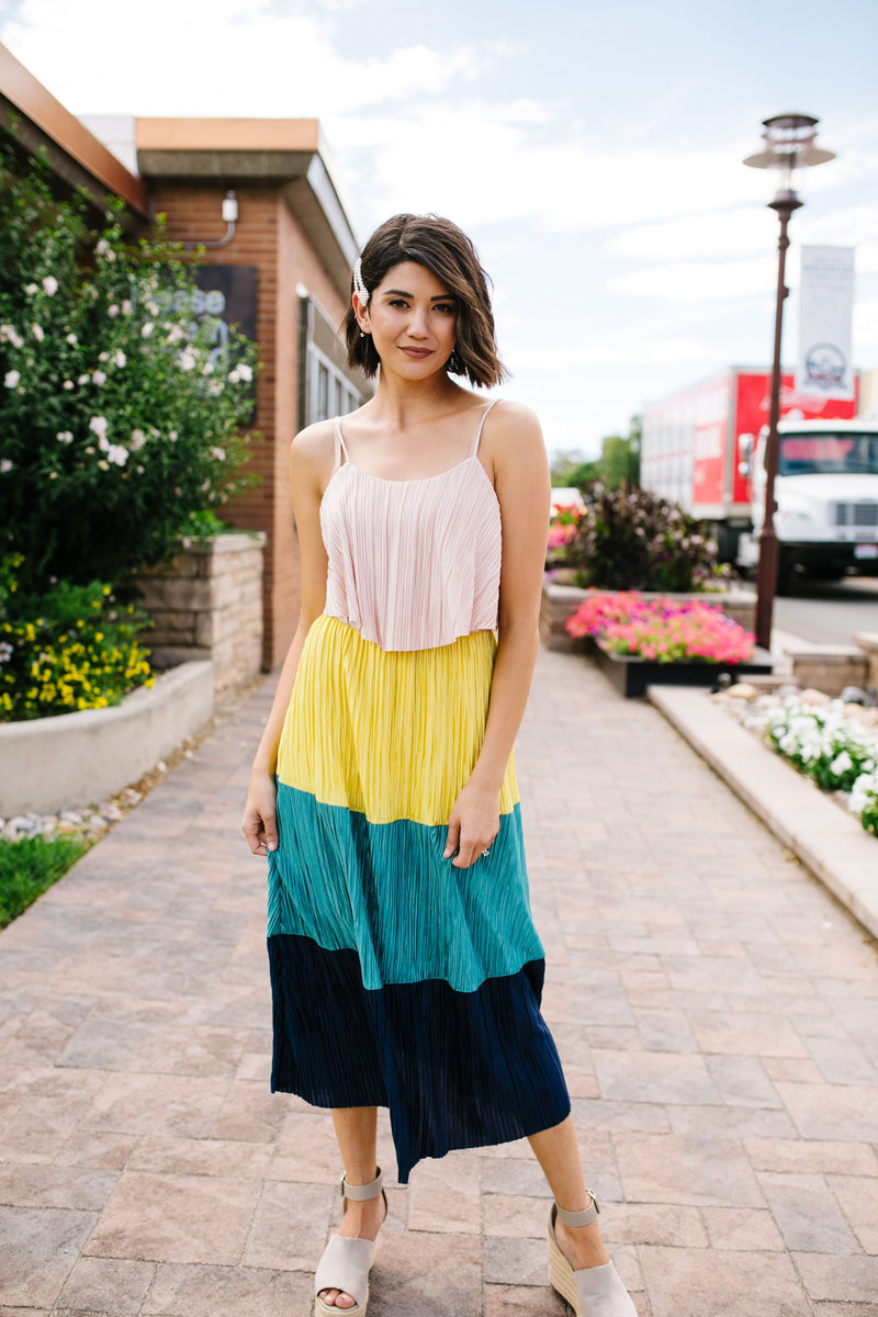 Pleated Color Block Midi Dress
