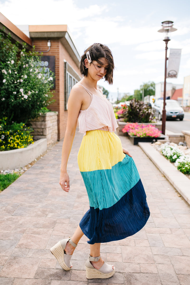 Pleated Color Block Midi Dress