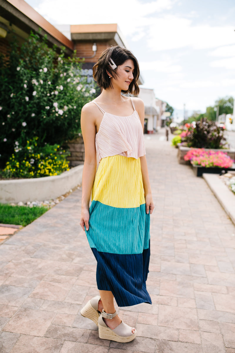 Pleated Color Block Midi Dress