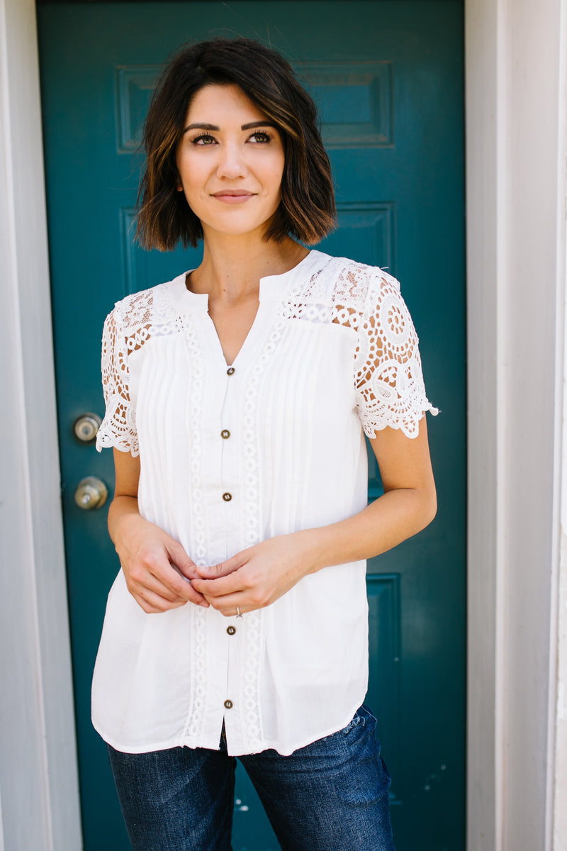 Pleats + Lace Blouse In White