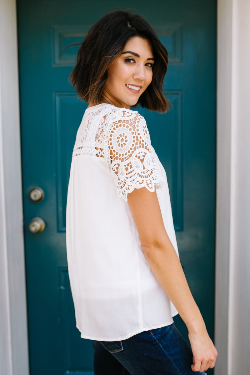 Pleats + Lace Blouse In White