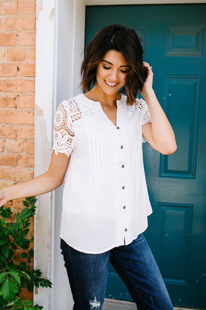 Pleats + Lace Blouse In White