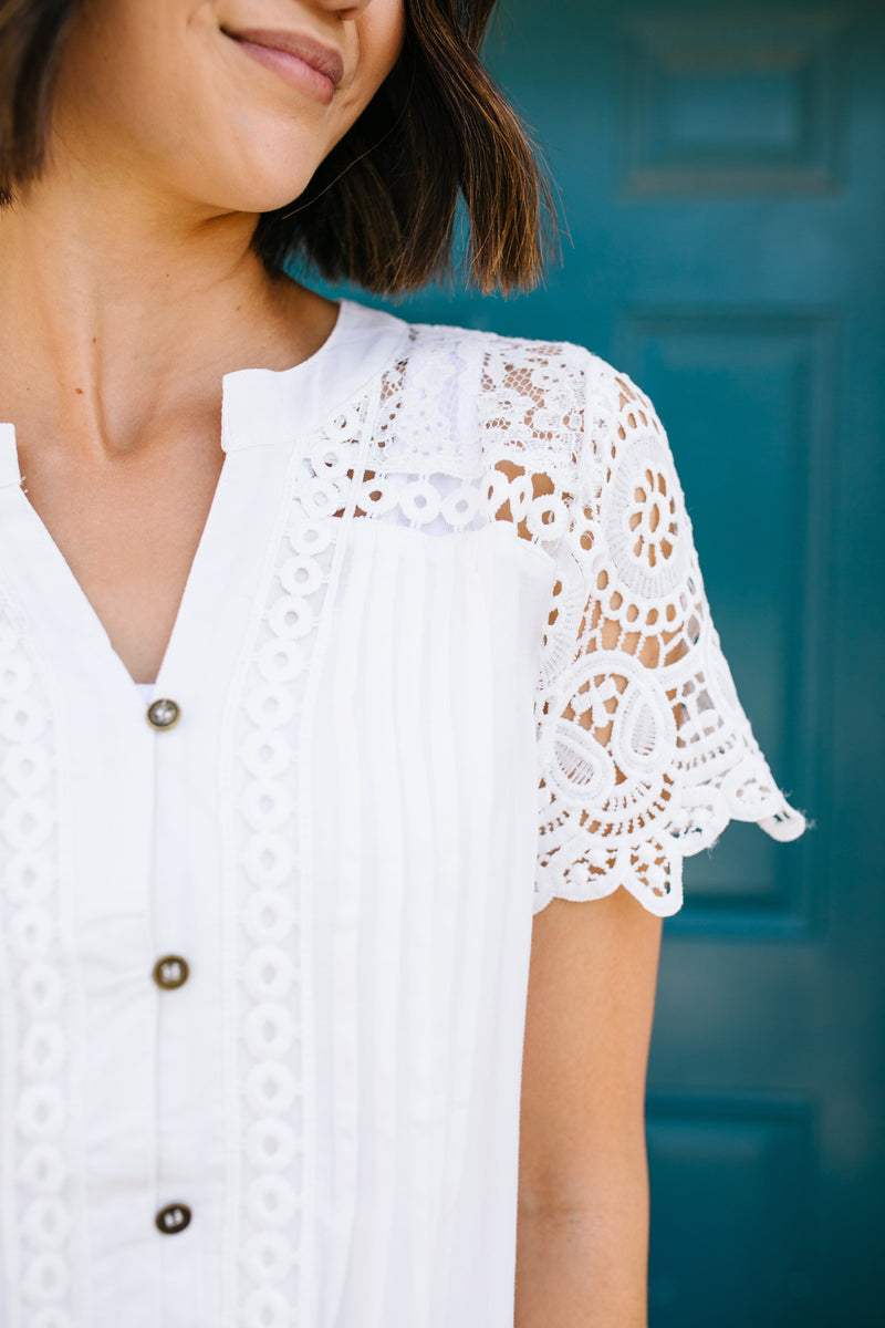 Pleats + Lace Blouse In White