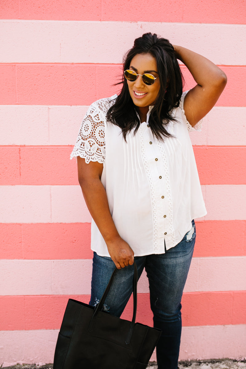 Pleats + Lace Blouse In White