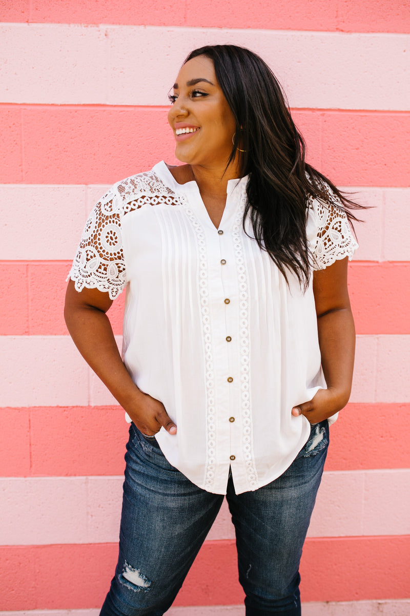 Pleats + Lace Blouse In White