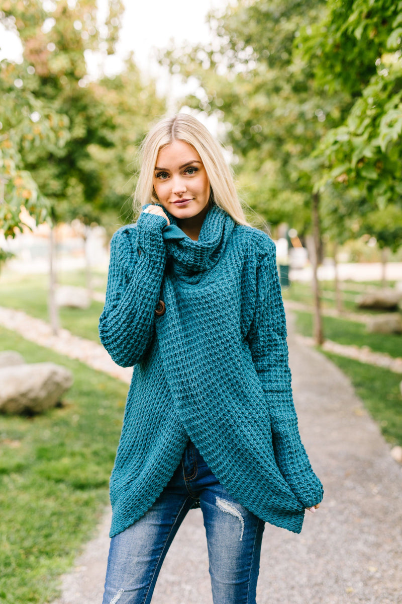 Put It On My Tab Cowl Neck Sweater In Teal