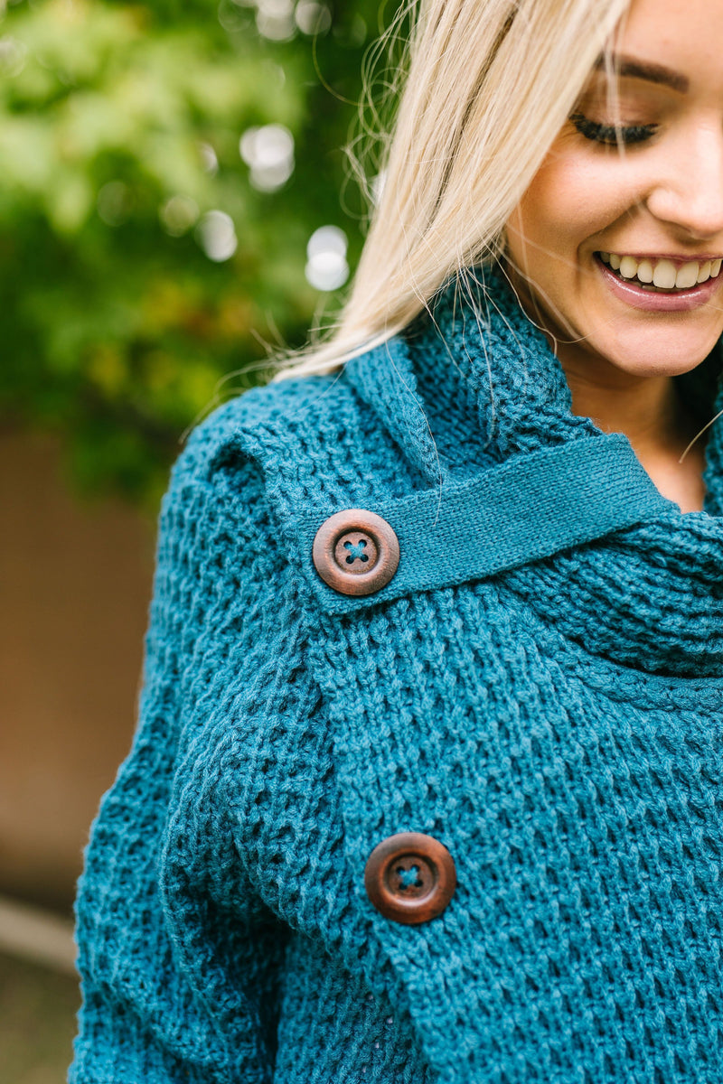 Put It On My Tab Cowl Neck Sweater In Teal