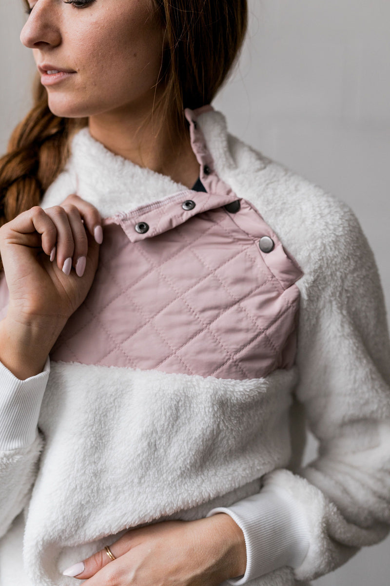 Quilted Contrast Fuzzy Pullover In Ivory + Blush