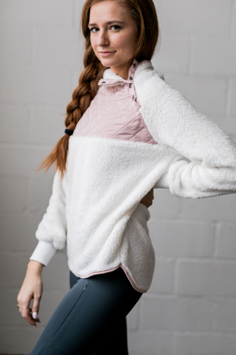 Quilted Contrast Fuzzy Pullover In Ivory + Blush