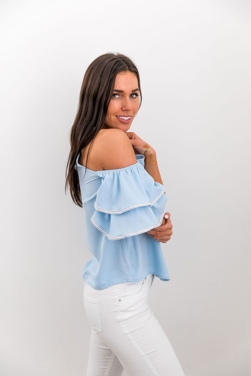 Ribboned Ruffle Cold Shoulder Blouse - ALL SALES FINAL