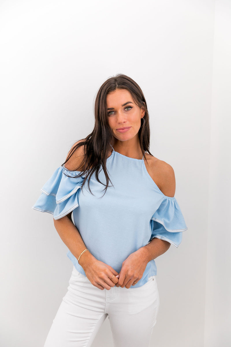 Ribboned Ruffle Cold Shoulder Blouse - ALL SALES FINAL