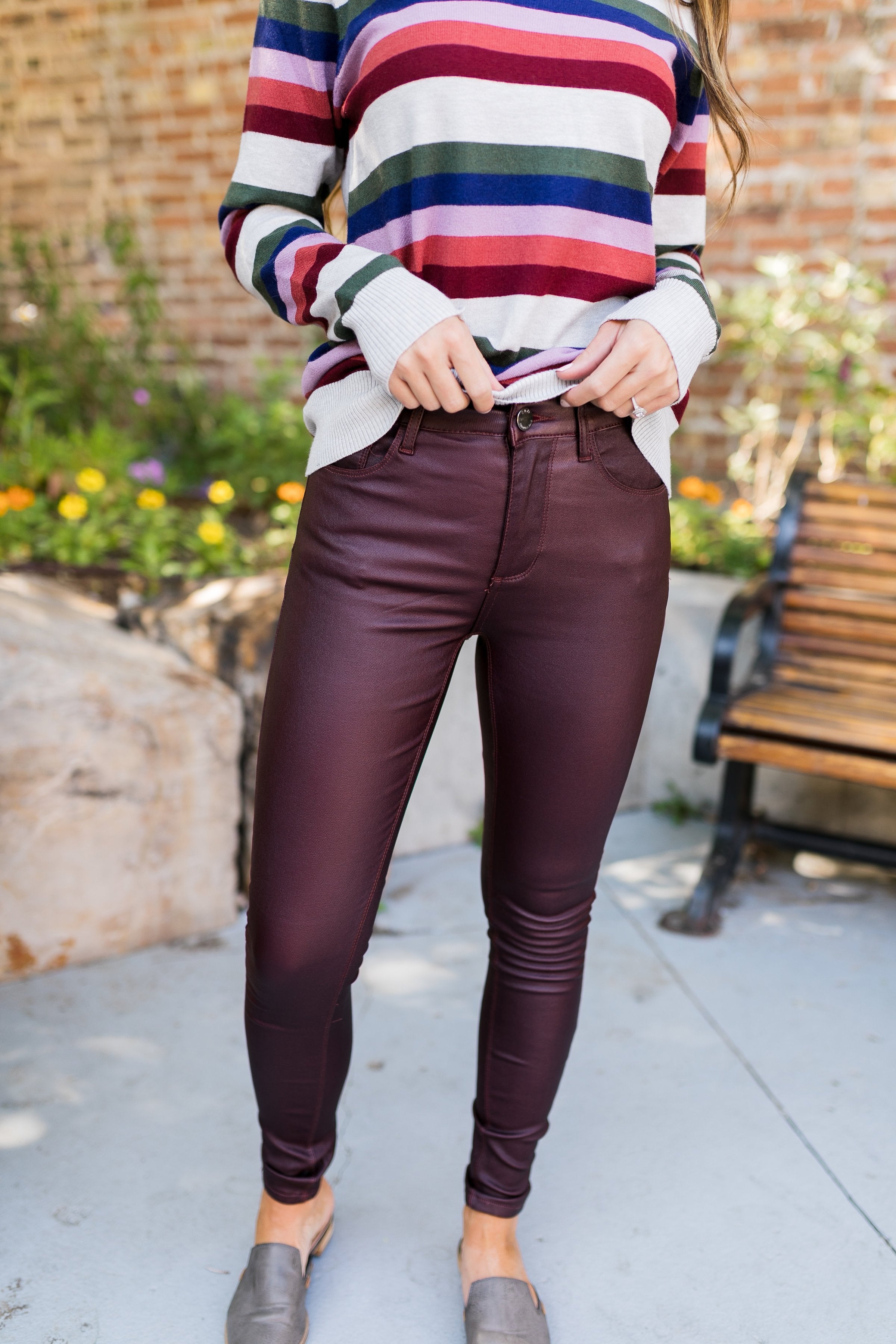 Rock Bottom Waxy Jeans In Burgundy - ALL SALES FINAL