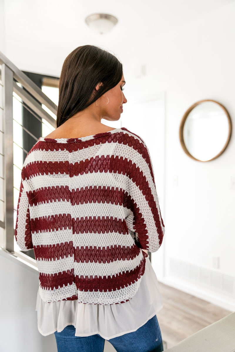 Ruffle Hem Burgundy Striped Top - ALL SALES FINAL