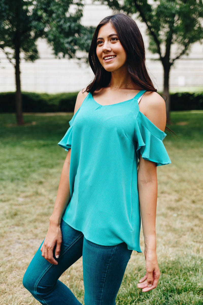 Ruffled Cold Shoulder Blouse In Jade