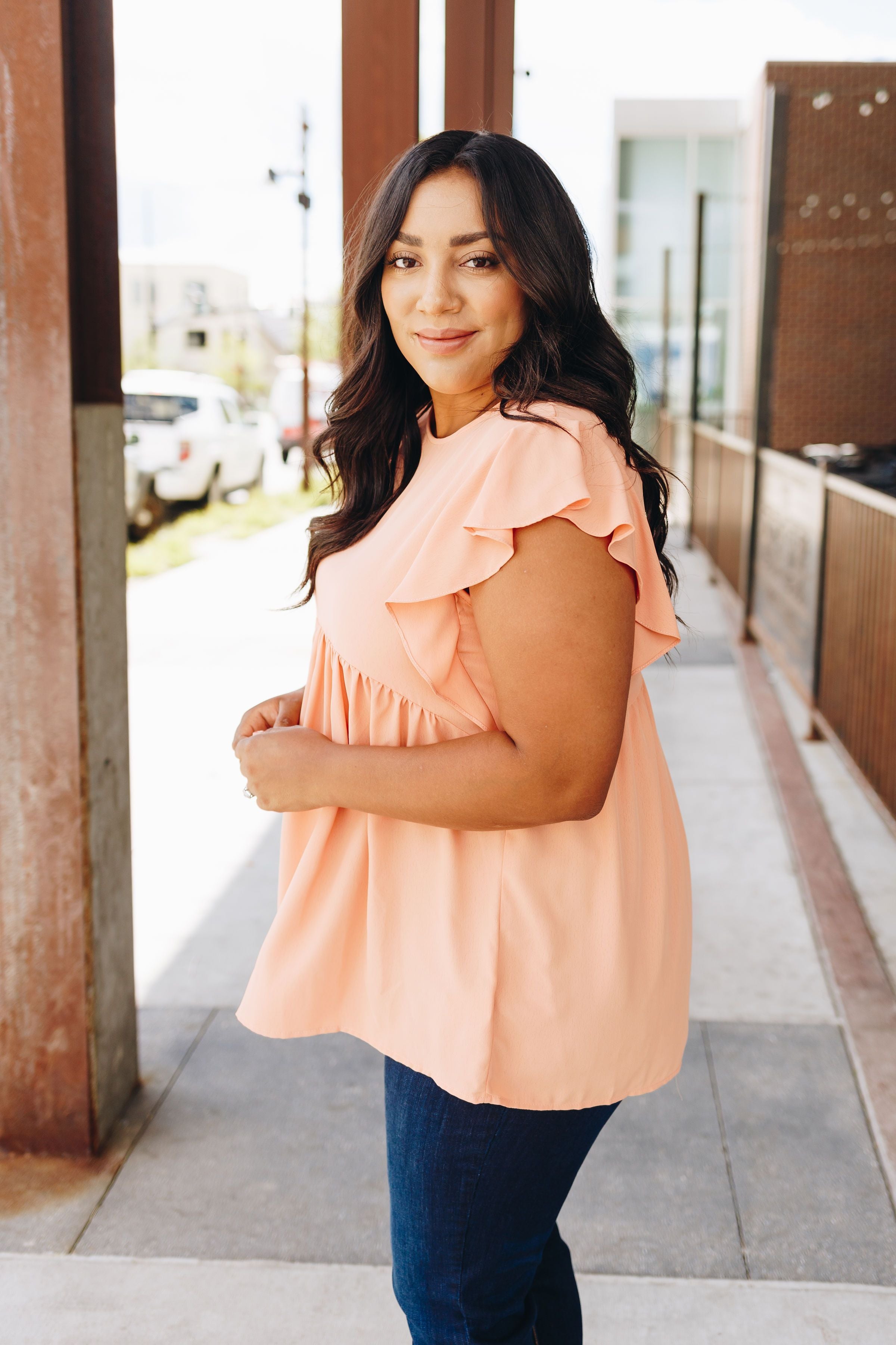 Ruffled Sleeve Baby Doll Blouse In Peach