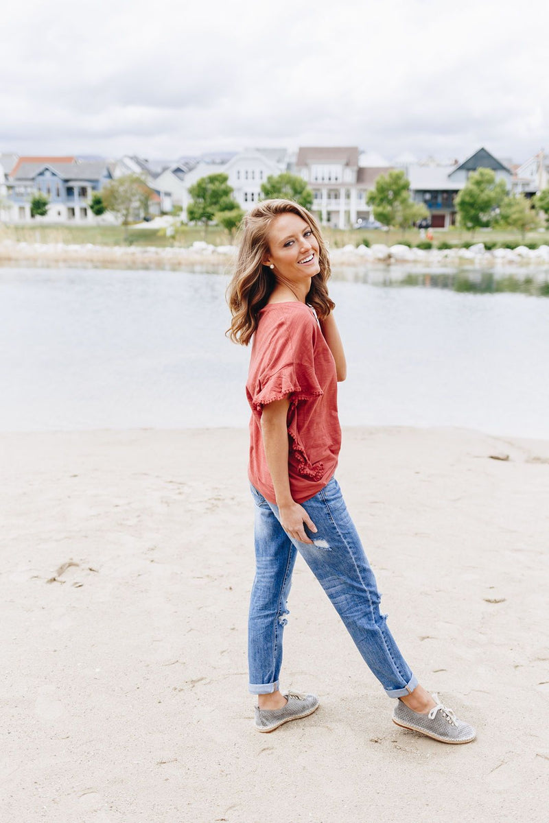 Ruffles On The Side Top In Marsala