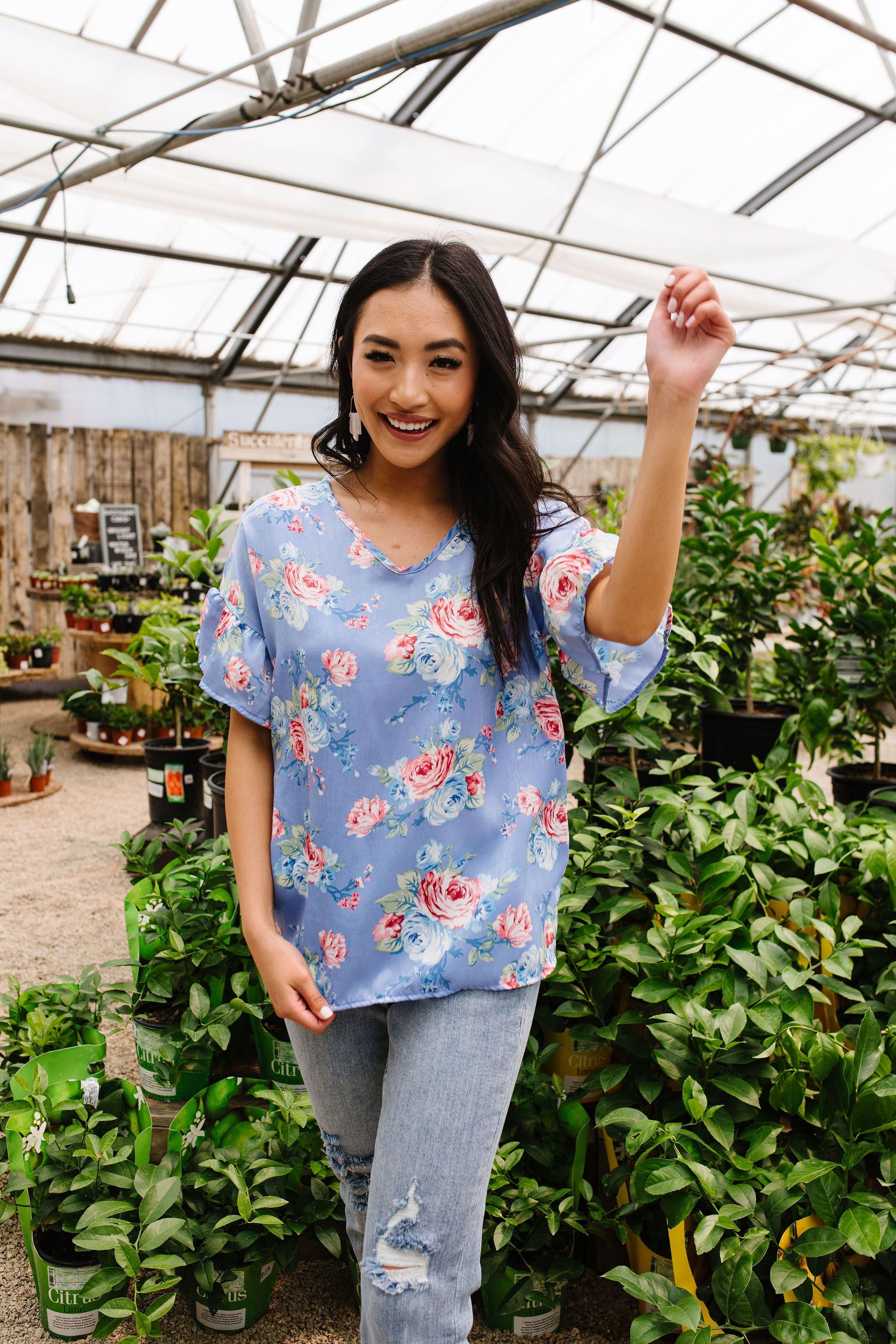 Satin Rose Blouse In Blue