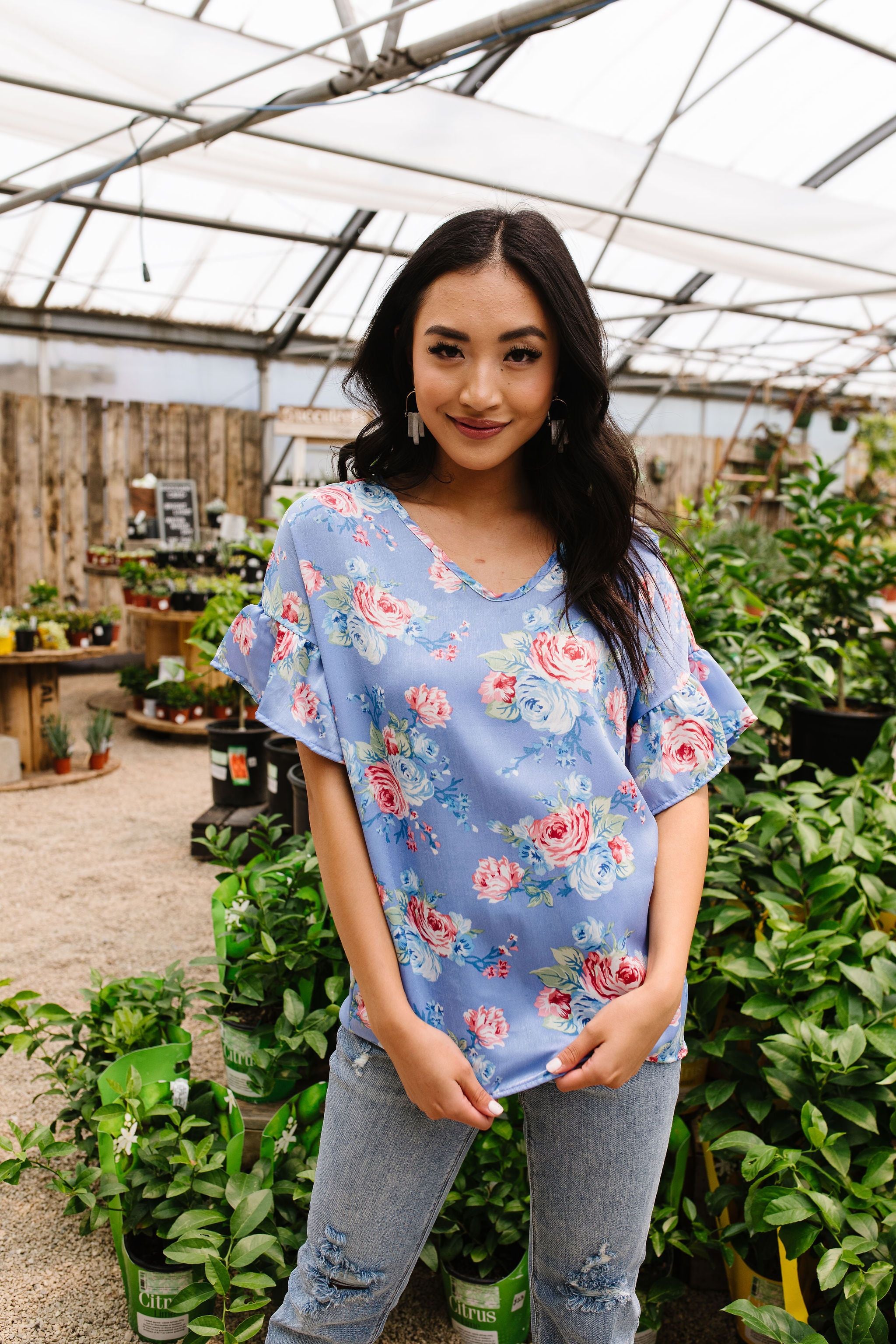 Satin Rose Blouse In Blue