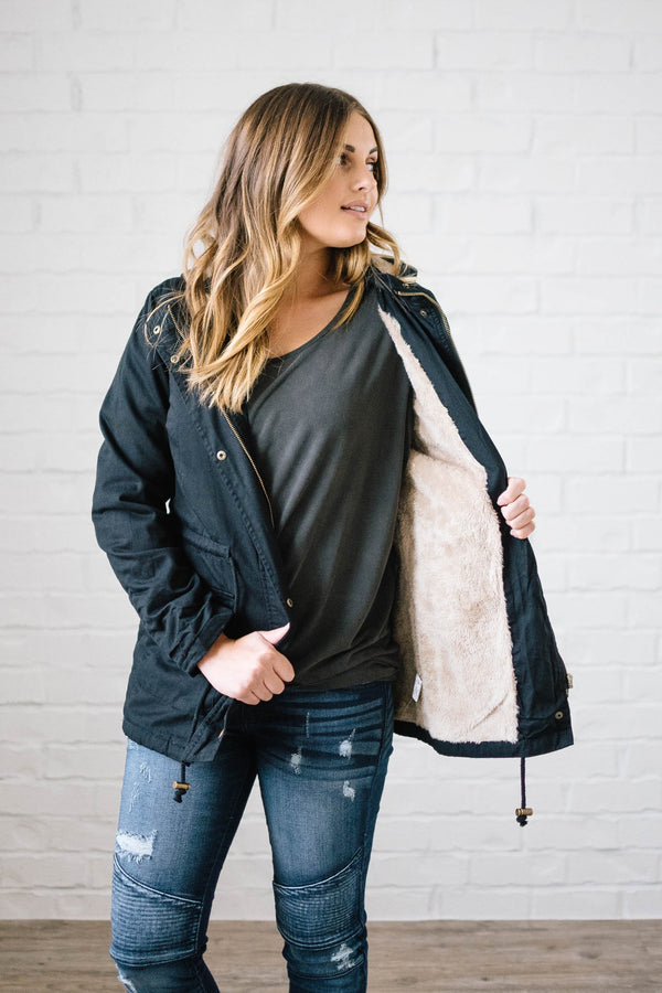 Scouting It Out Fur Lined Jacket in Black