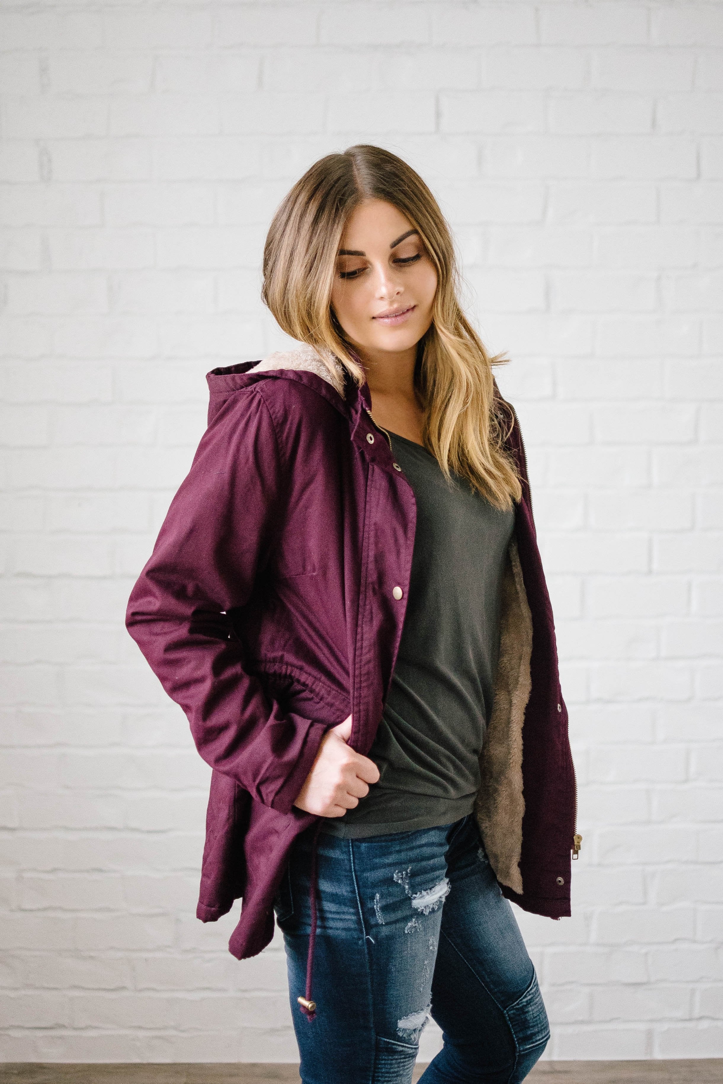 Scouting It Out Fur Lined Jacket in Burgundy