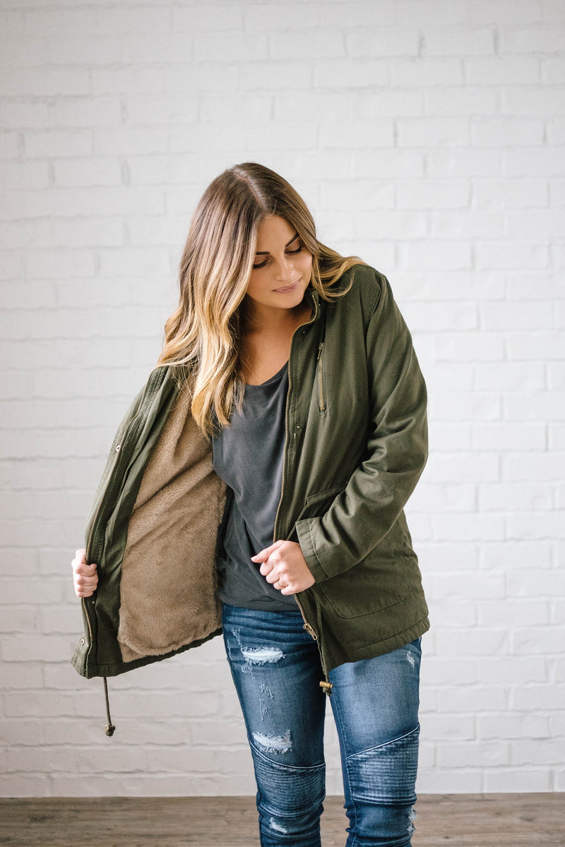 Scouting It Out Fur Lined Jacket in Olive