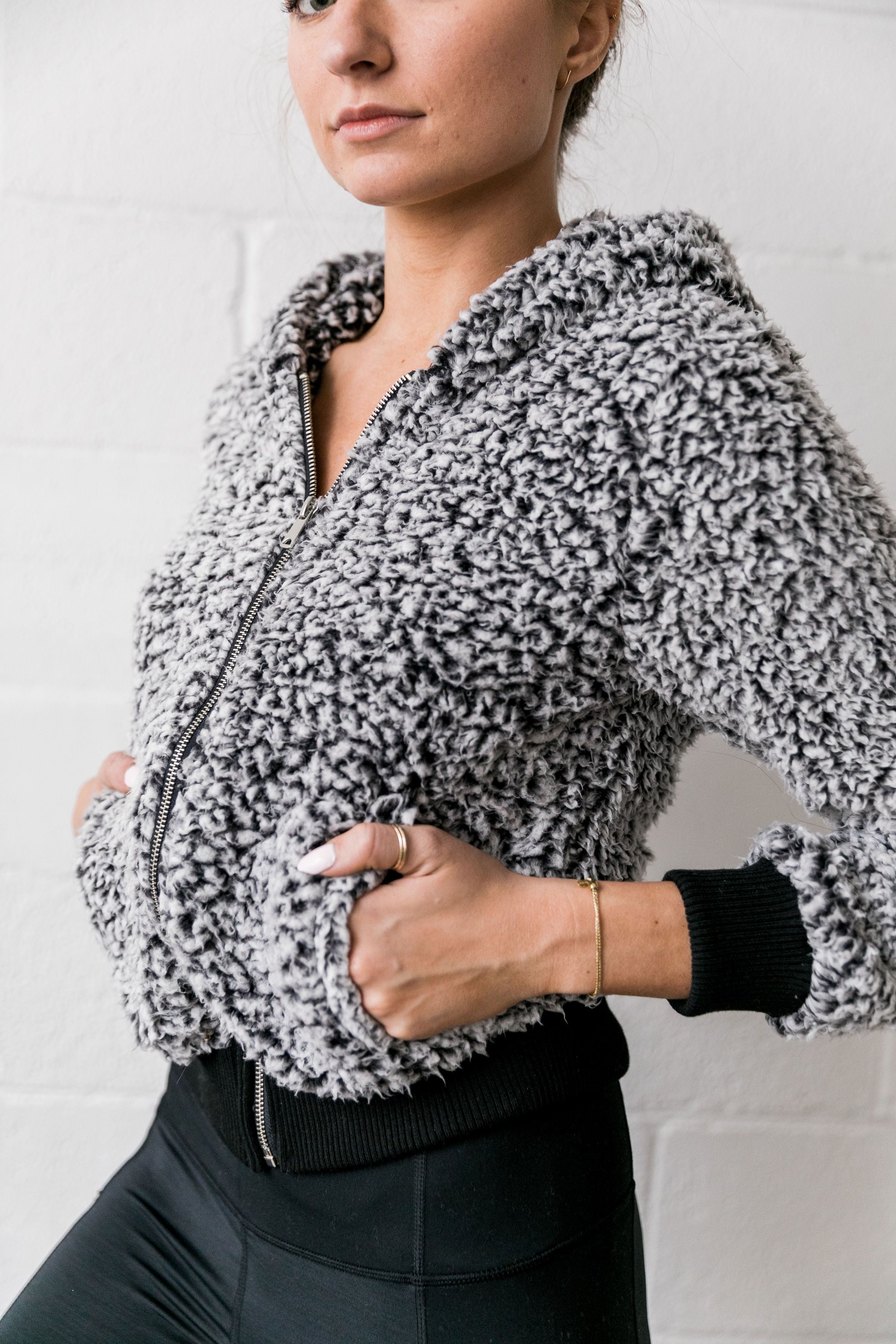 Sherpa Contrasting Cropped Zip-Up Hoodie In Black - ALL SALES FINAL