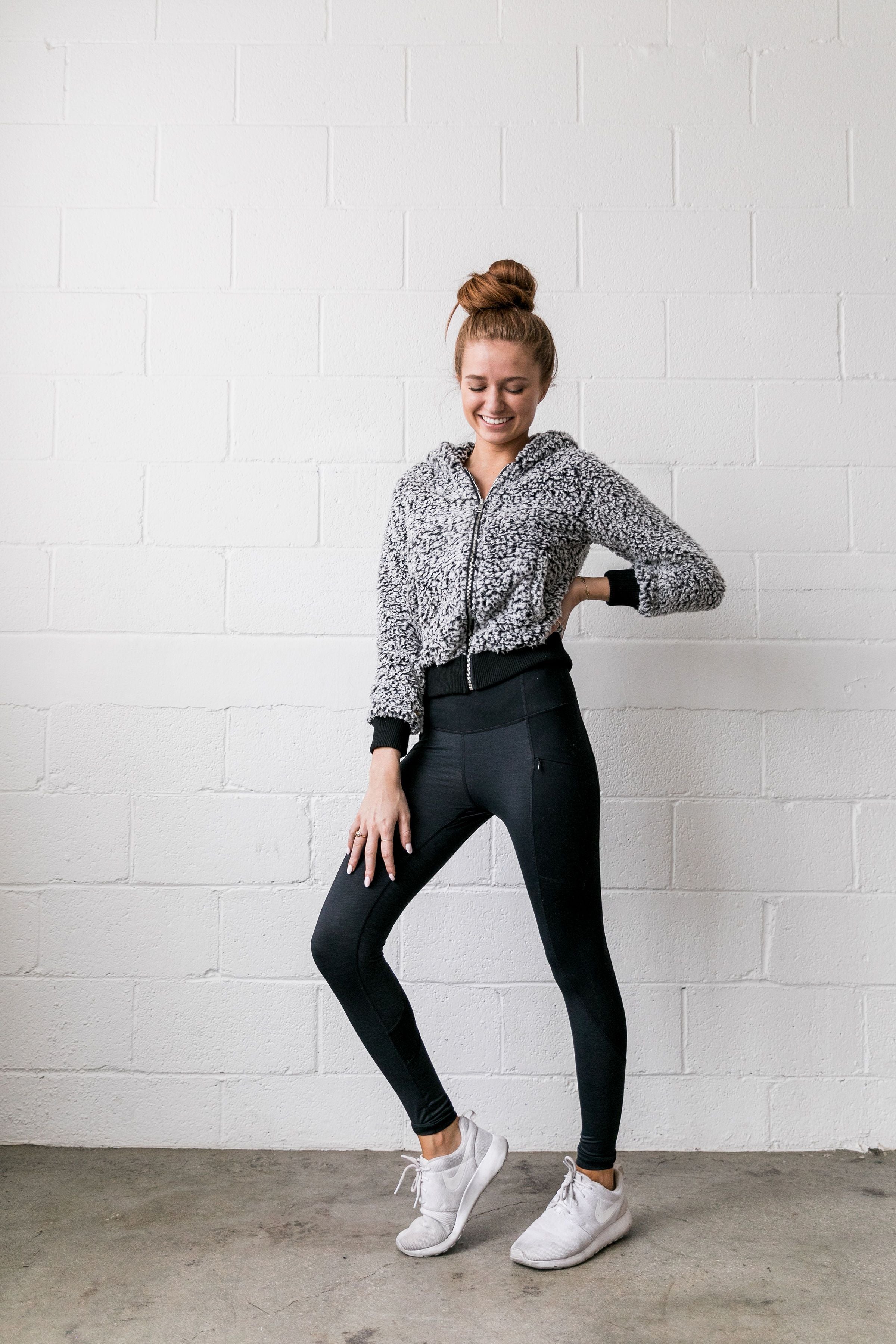 Sherpa Contrasting Cropped Zip-Up Hoodie In Black - ALL SALES FINAL