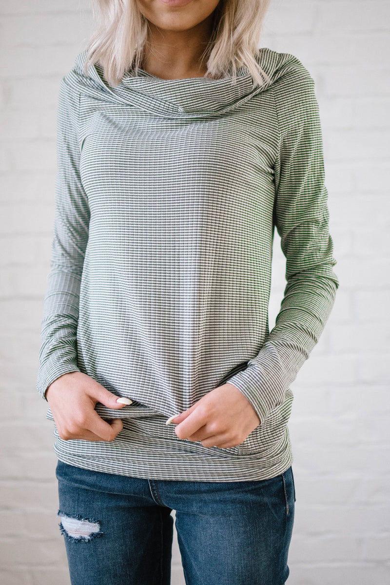 Shoulders and Stripes Top in White and Olive