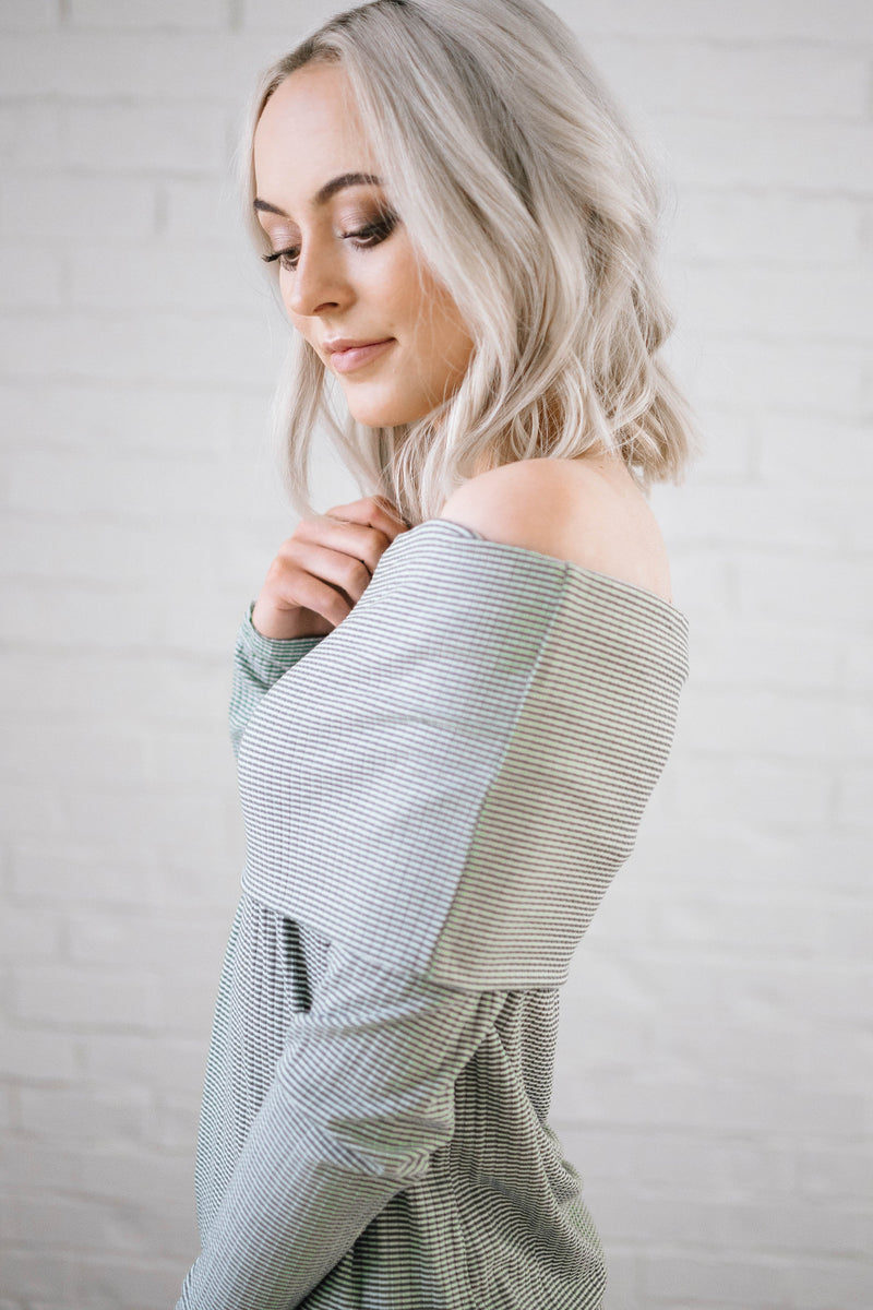 Shoulders and Stripes Top in White and Olive