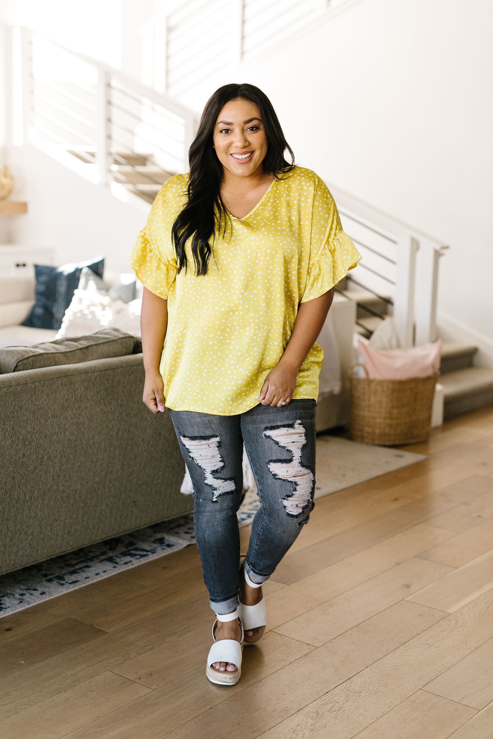 Silky Spots Ruffle Sleeve Blouse In Honey