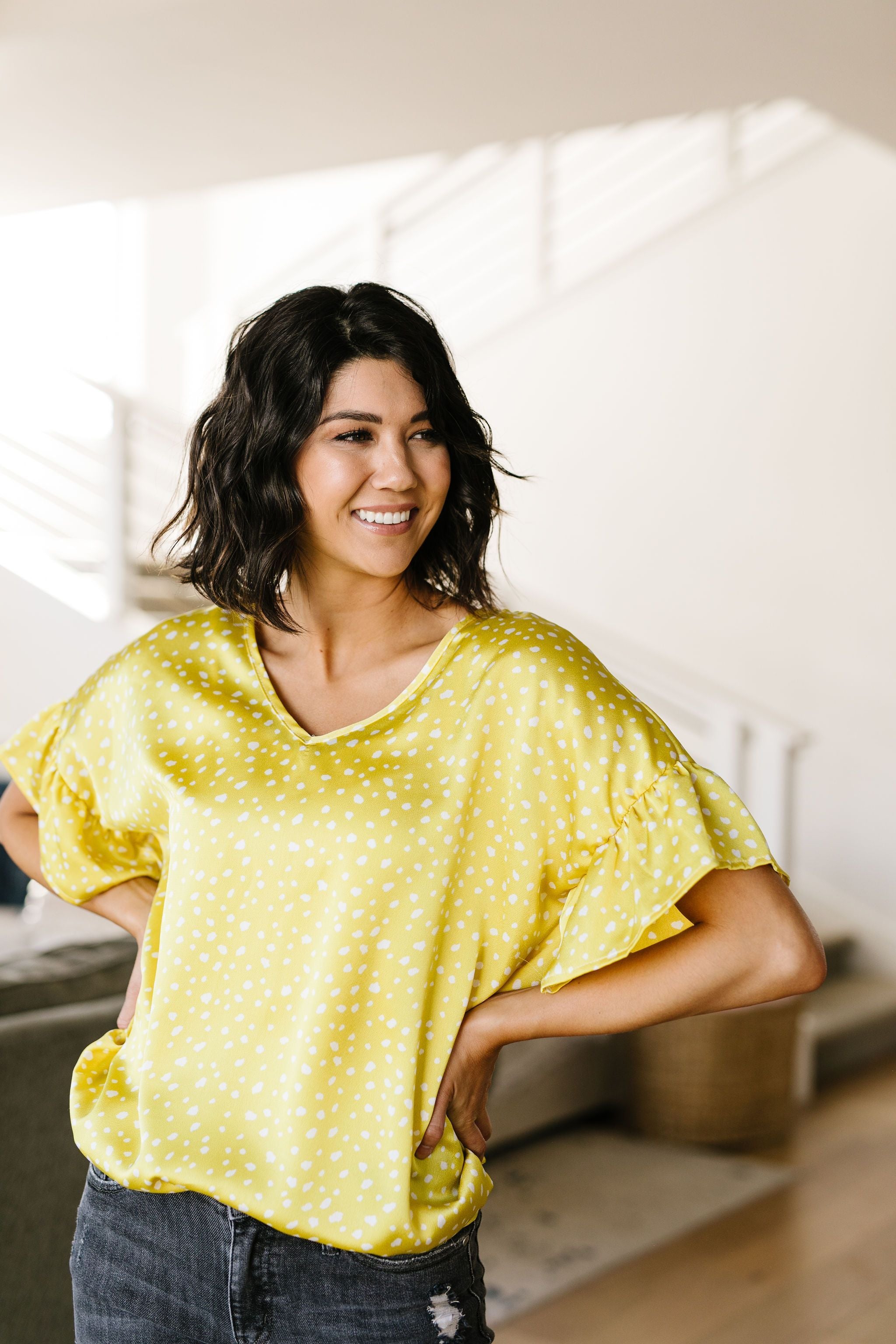 Silky Spots Ruffle Sleeve Blouse In Honey