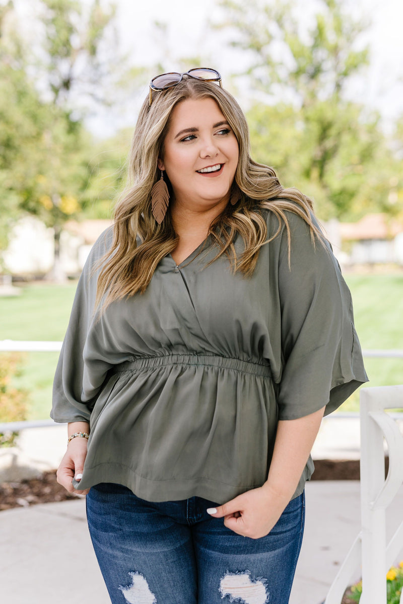 Slate Wrap Front Kimono Blouse