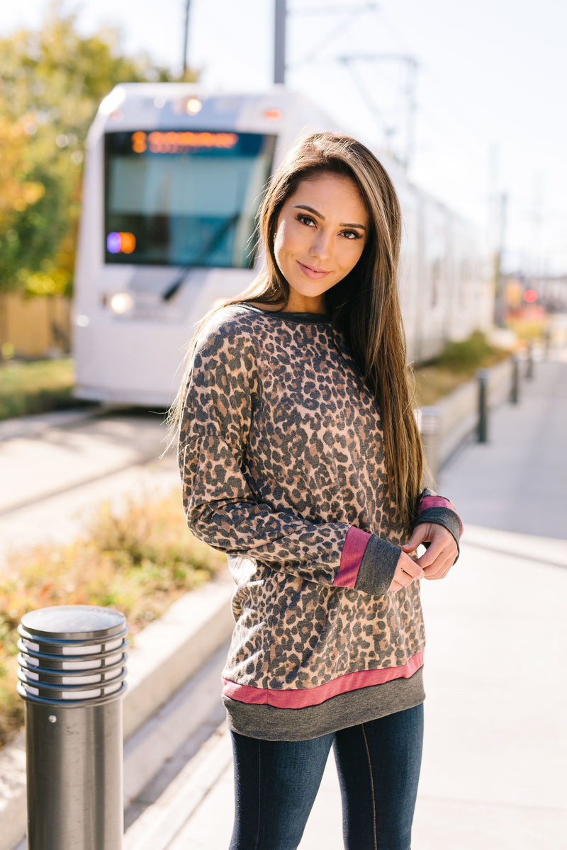 Sleep The Day Away Faded Leopard Top With Contrast Stripes - ALL SALES FINAL