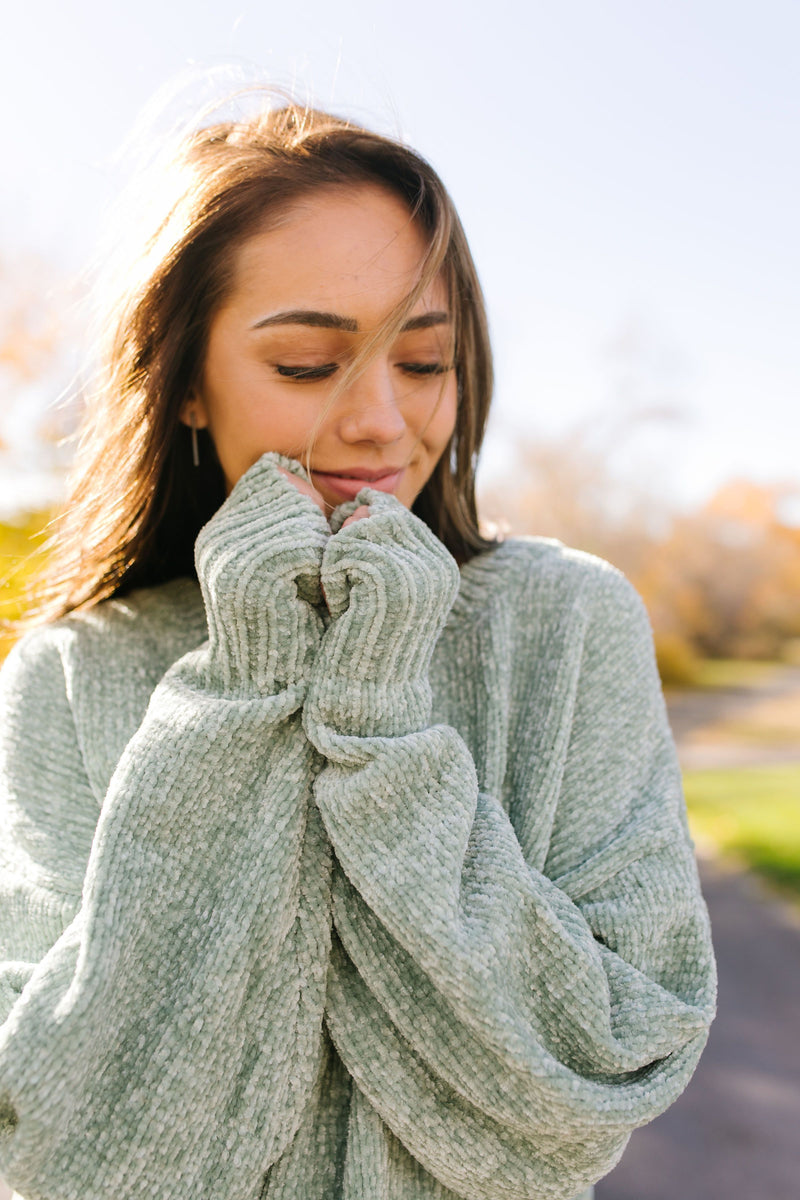 Slouchy Chenille Sweater In Sage - ALL SALES FINAL