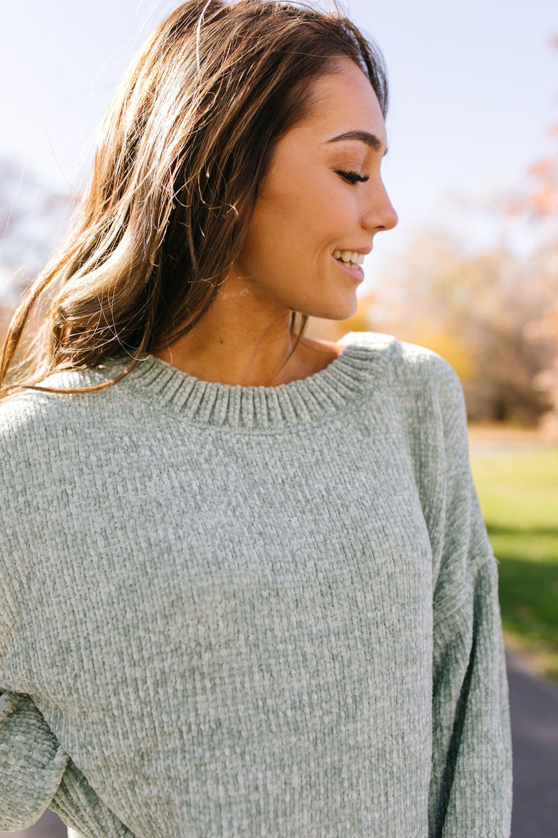 Slouchy Chenille Sweater In Sage - ALL SALES FINAL