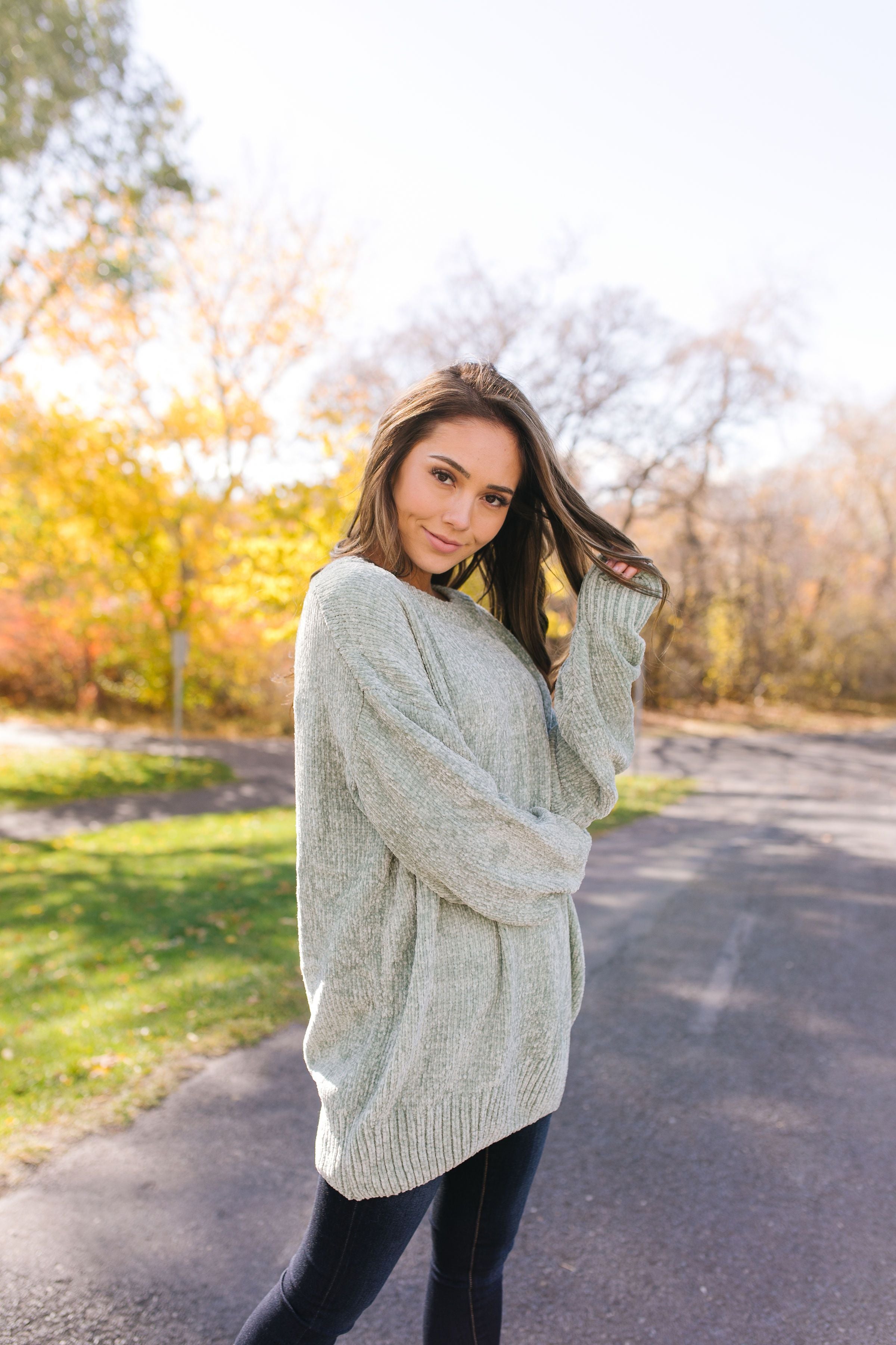 Slouchy Chenille Sweater In Sage - ALL SALES FINAL