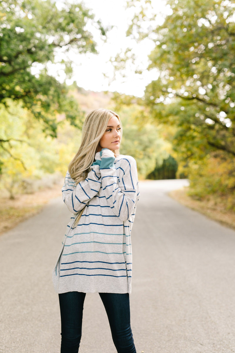 Stairway To Heaven Gray And Blue Striped Sweater - ALL SALES FINAL