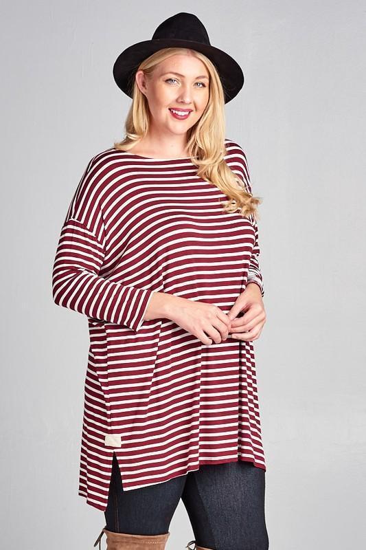 Steady She Goes Striped Top In Burgundy Plus Only