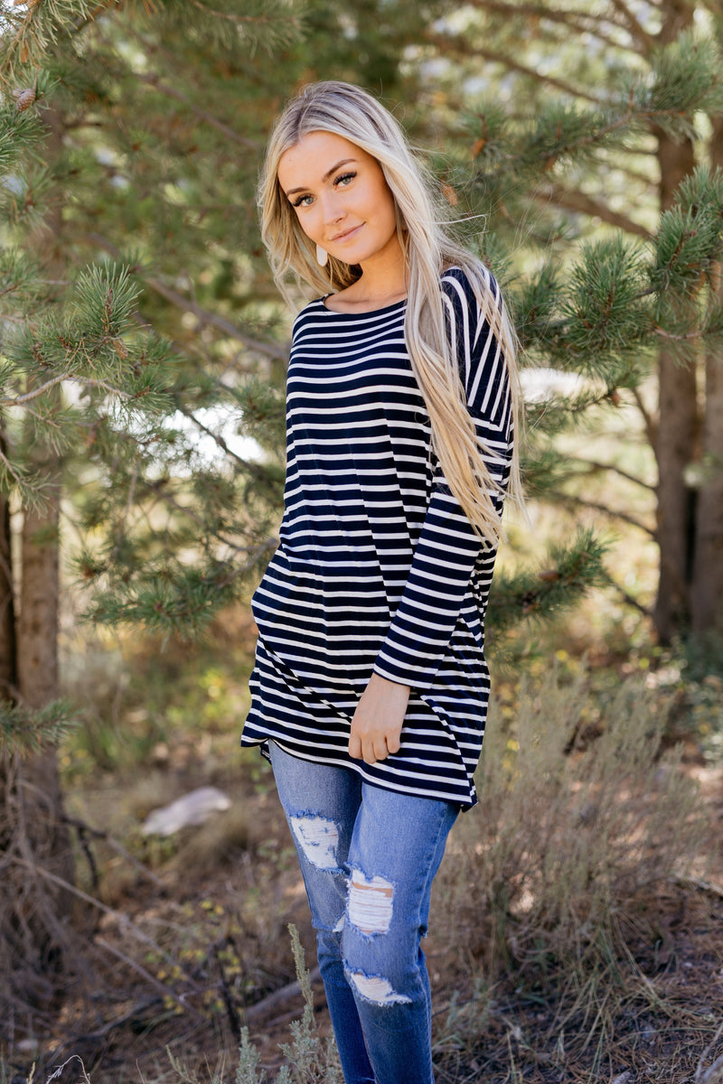 Steady She Goes Striped Top In Navy