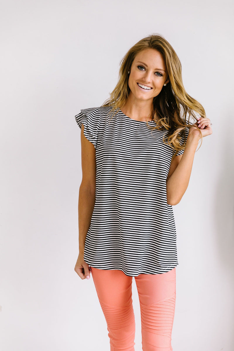 Striped Double Ruffle Top In Black + White
