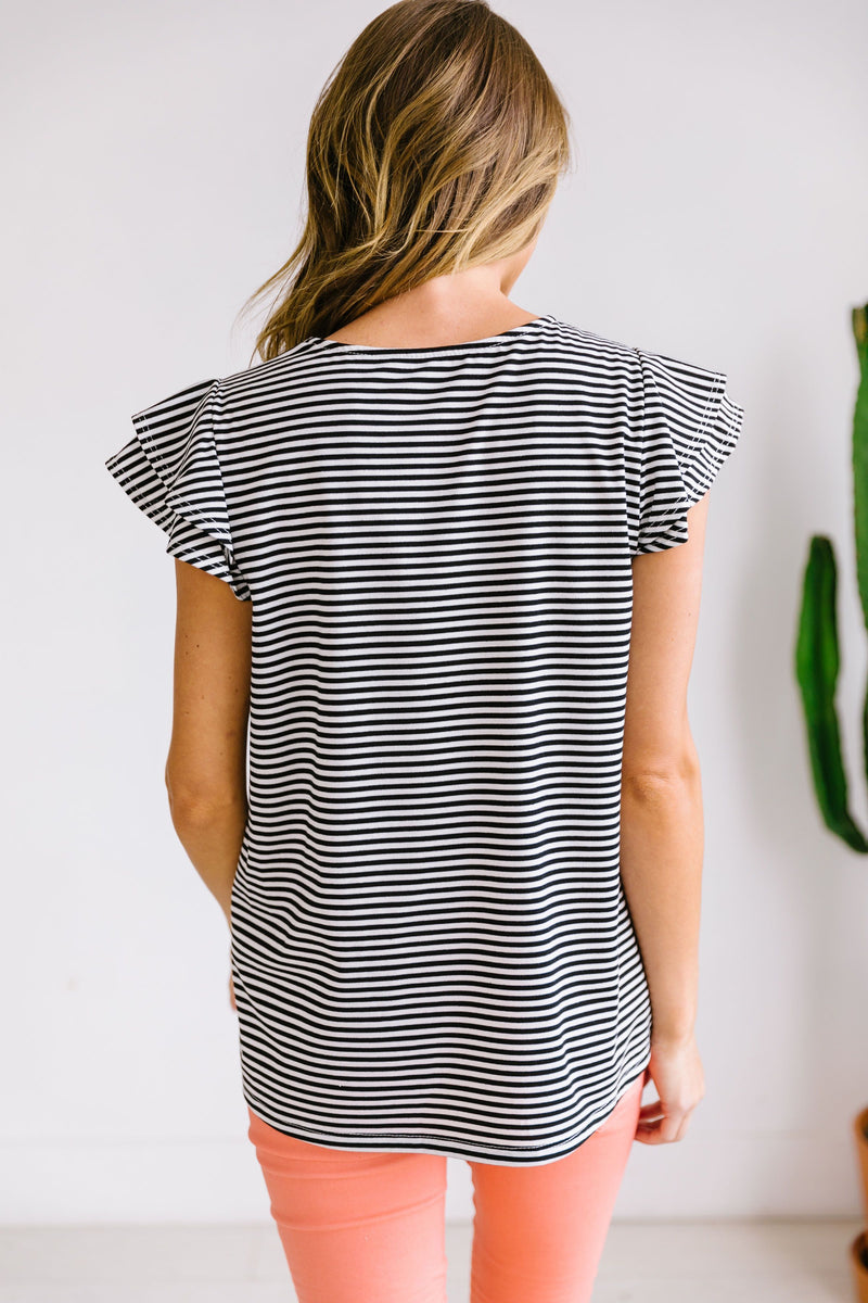 Striped Double Ruffle Top In Black + White