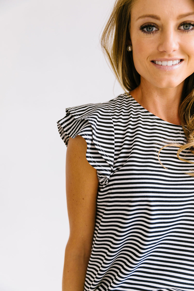 Striped Double Ruffle Top In Black + White