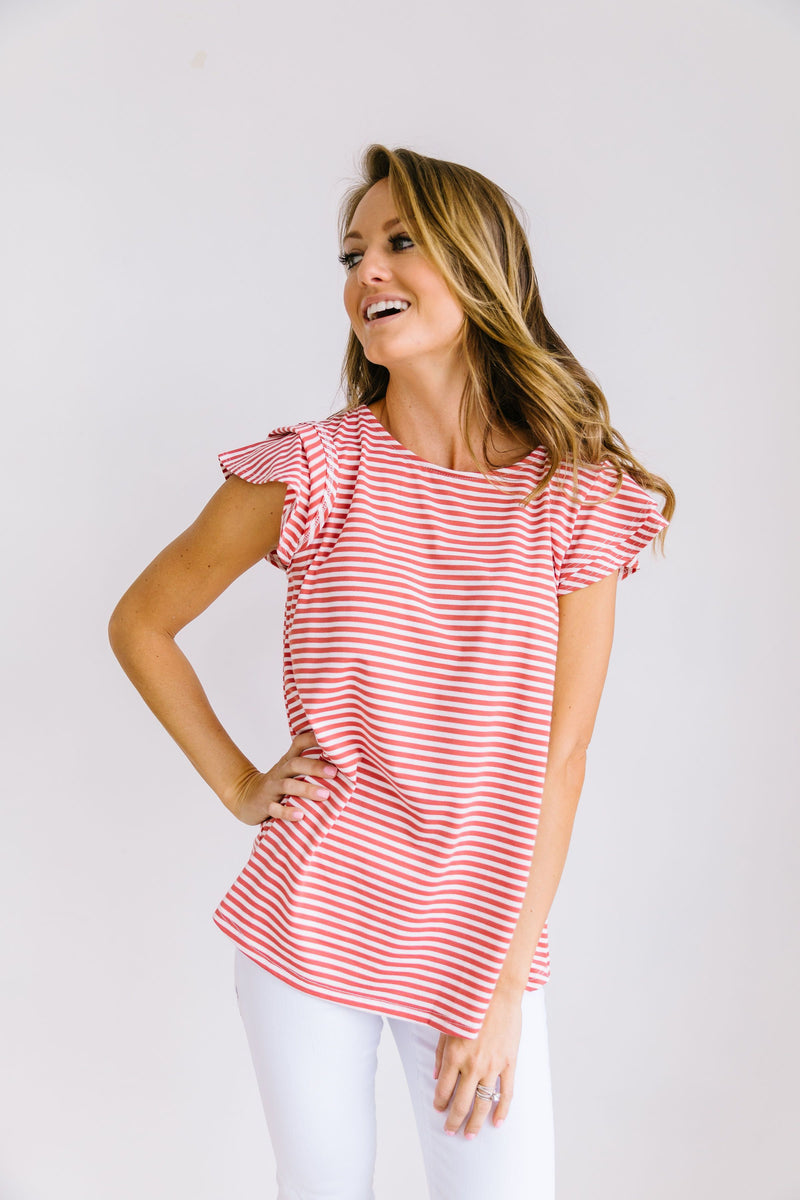 Striped Double Ruffle Top In Coral + White