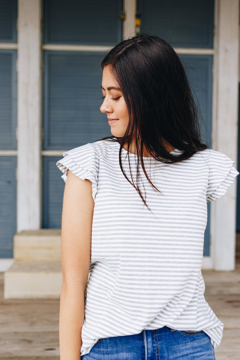 Striped Double Ruffle Top In Gray + White