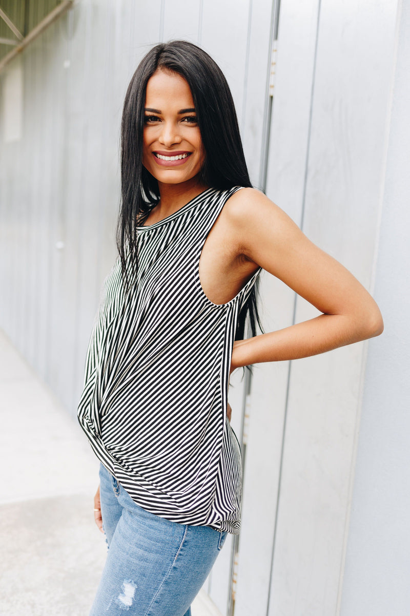 Striped Twist And Cross Top In Black + Ivory