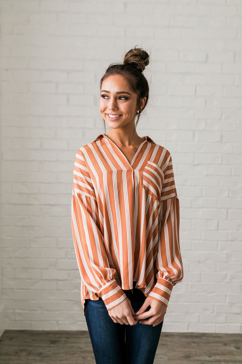 Terra-Cotta Striped Sateen Blouse - ALL SALES FINAL