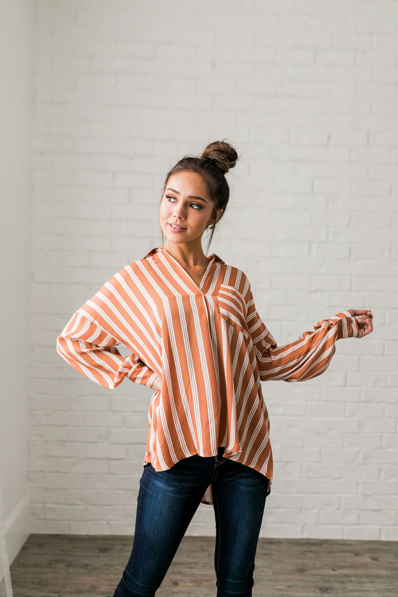 Terra-Cotta Striped Sateen Blouse - ALL SALES FINAL