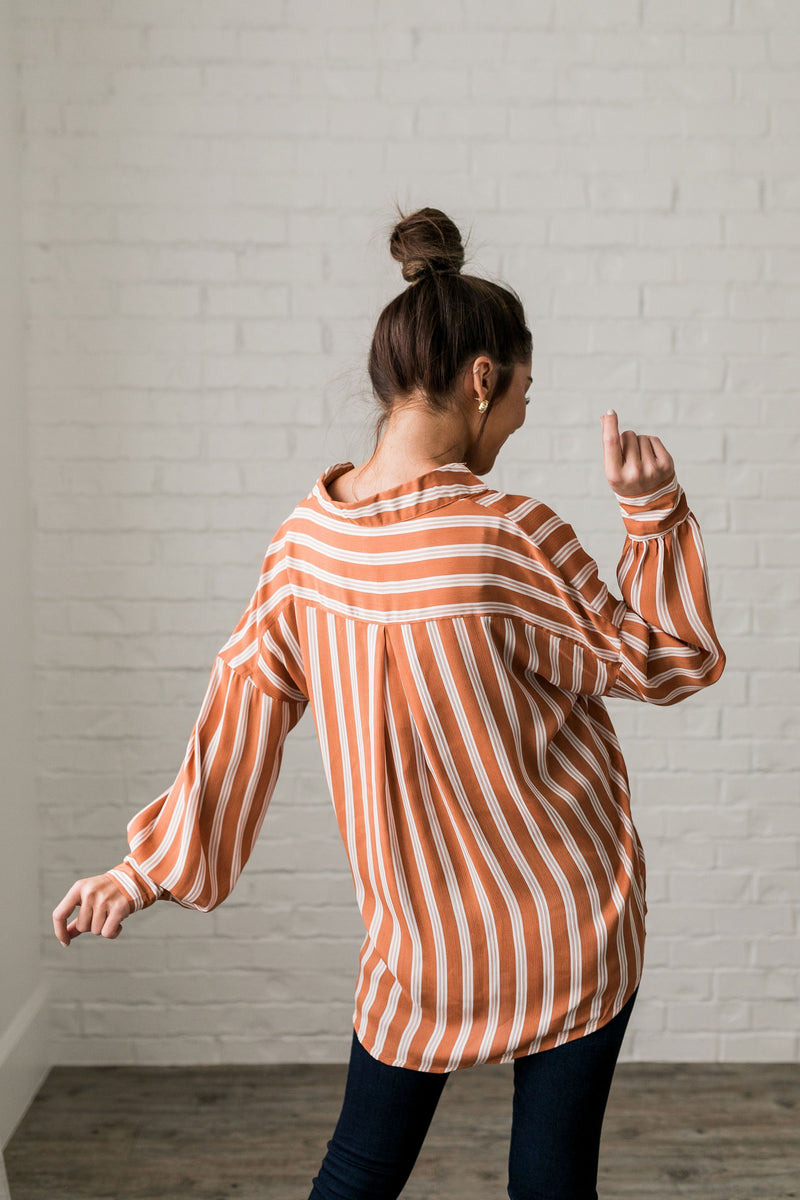 Terra-Cotta Striped Sateen Blouse - ALL SALES FINAL